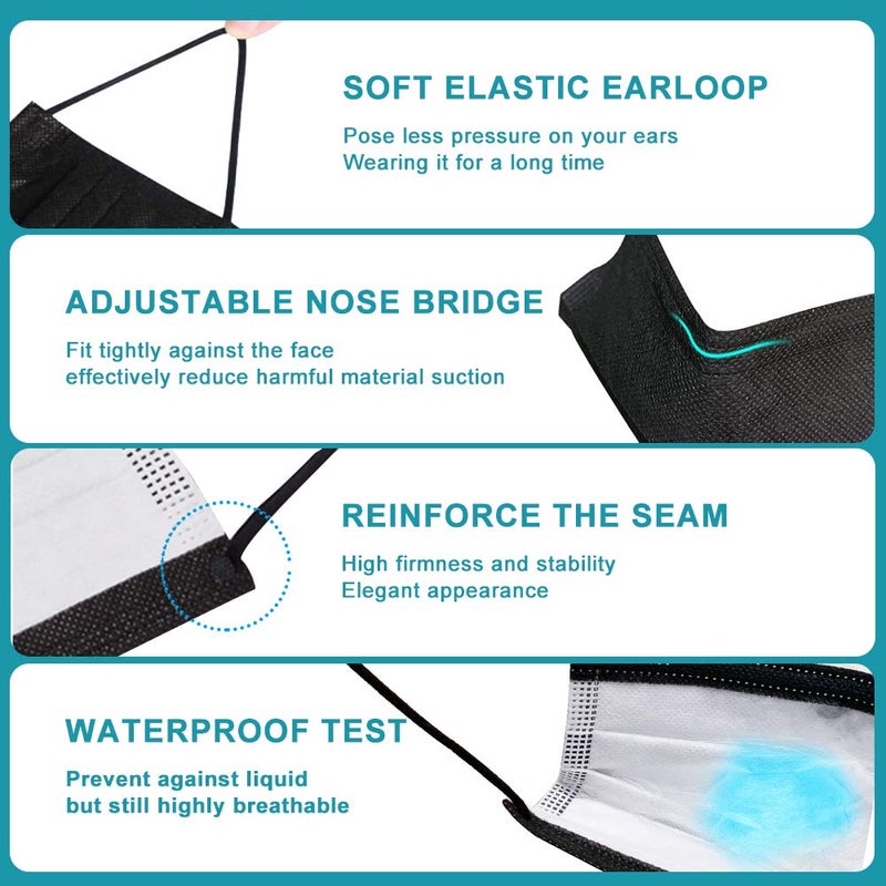 EHH Black Disposable Face Masks, Individually Wrapped, Breathable Face Mask for Men Women, 3- Ply, Comfortable Adult Masks with Adjustable Nose Wire & Elastic Ear Loop 50 Pcs, Black - Image 4